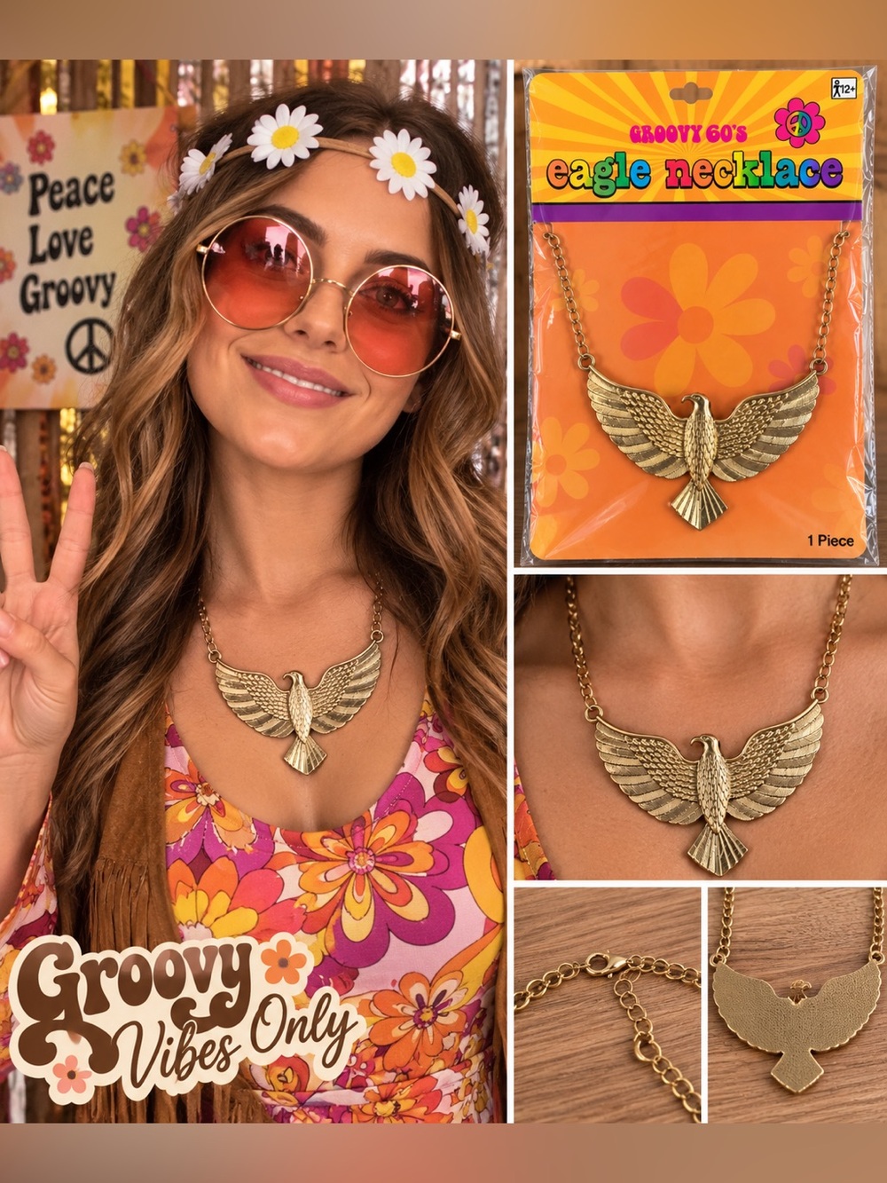 Groovy 60’s Eagle Necklace 🦅🌼 | NWT | Retro Hippie Costume Jewelry